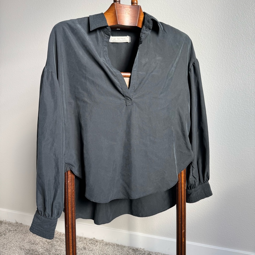We The Free by Free People Black V-Neck Oversize Blouse XS Modal Blend